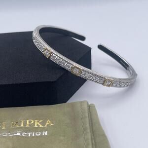 Judith Ripka Thailand 925 Sterling Silver CZ Cuff Bracelet 14K Gold Clad Accents